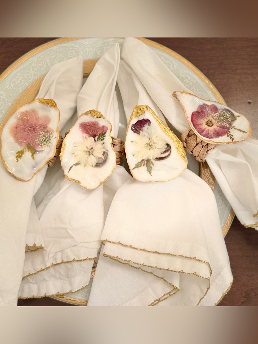 Handmade Floral Oyster Shell Napkin Rings with Gold Edges and woven rings